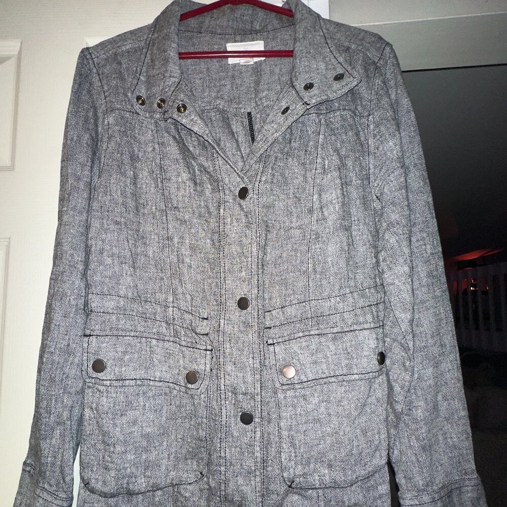 CASLON 100% Linen Utility Jacket Women MED Gray Grey Long Sleeve Lightweight